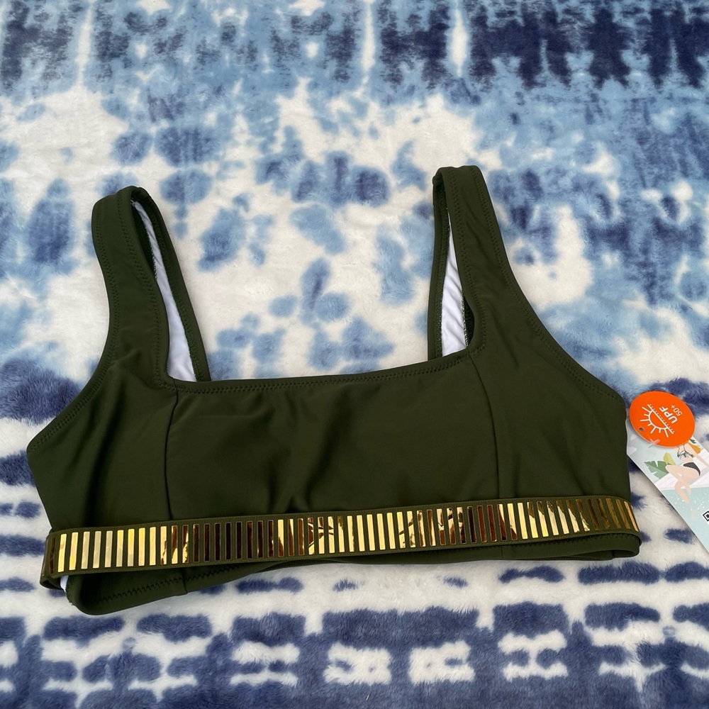 NWT mycharmo Swim or Yoga Top Green with Gold Holographic Reflective Bottom Trim